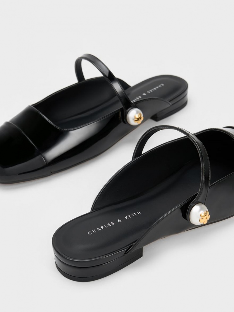 Charles And Keith Pearl Embellished Patent Flat Mules Black | PHILIPPINES T057