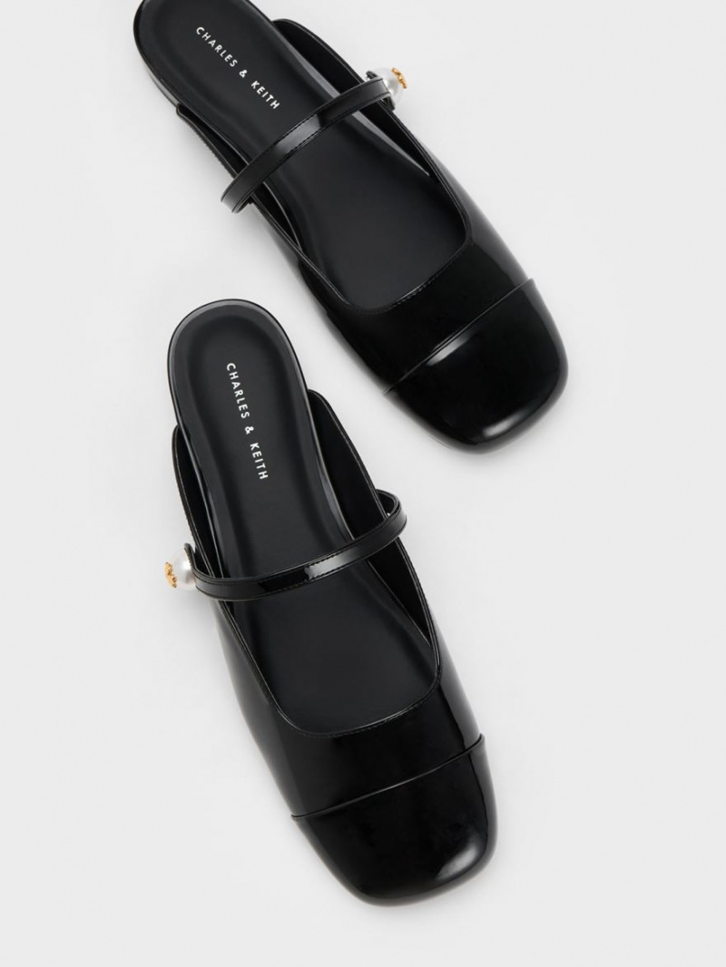 Charles And Keith Pearl Embellished Patent Flat Mules Black | PHILIPPINES T057