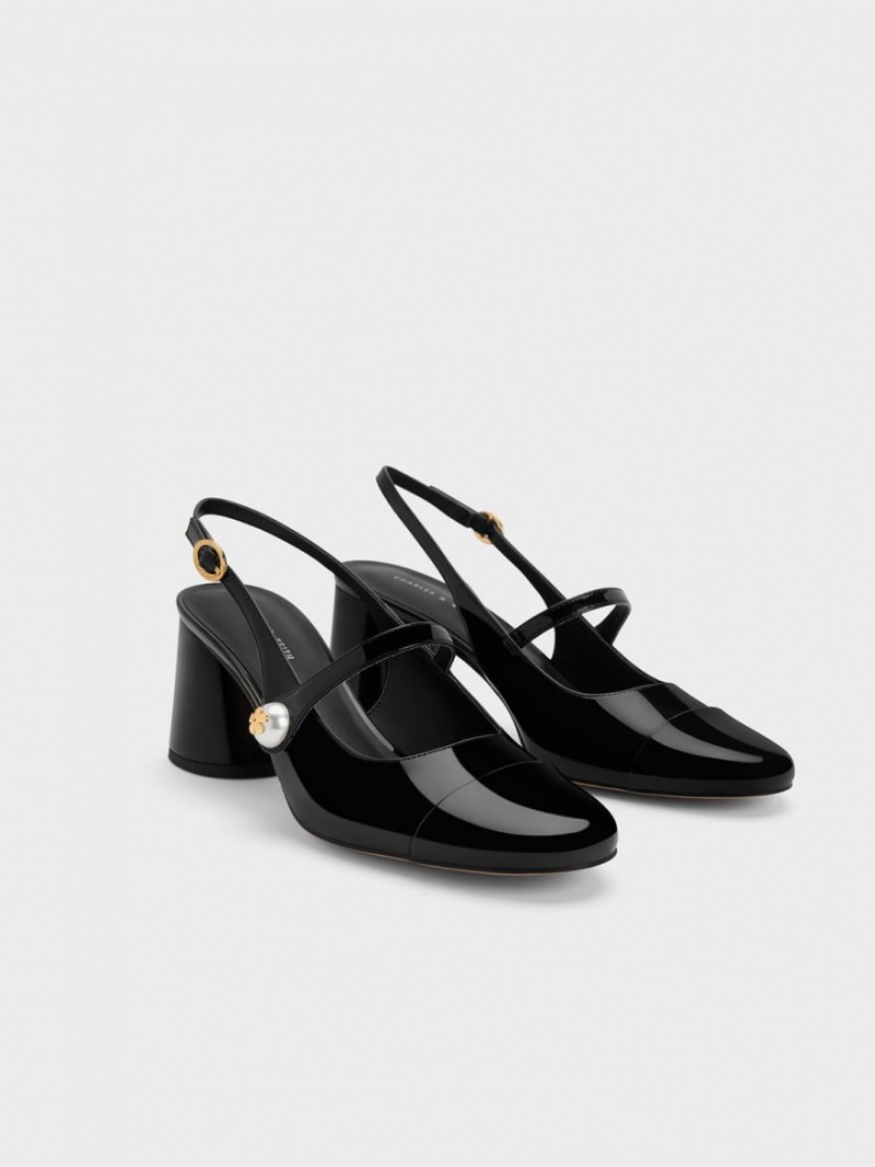 Charles And Keith Pearl Embellished Patent Slingback Pumps Black | PHILIPPINES S067