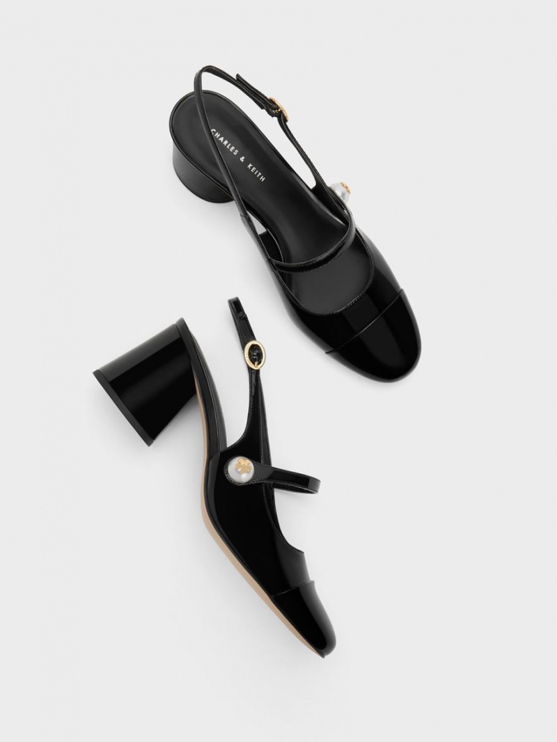 Charles And Keith Pearl Embellished Patent Slingback Pumps Black | PHILIPPINES S067