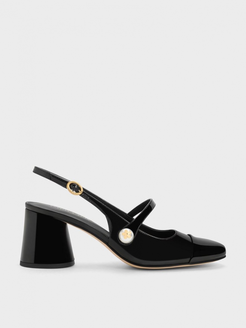 Charles And Keith Pearl Embellished Patent Slingback Pumps Black | PHILIPPINES S067