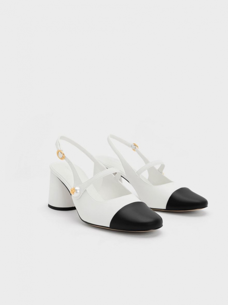 Charles And Keith Pearl Embellished Slingback Pumps White | PHILIPPINES P268