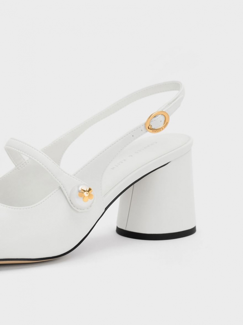 Charles And Keith Pearl Embellished Slingback Pumps White | PHILIPPINES P268