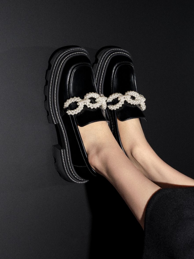 Charles And Keith Perline Beaded Platform Loafers Black | PHILIPPINES R543