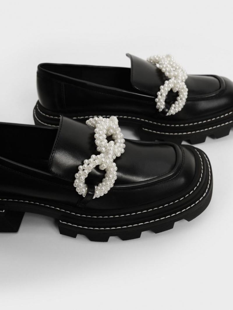 Charles And Keith Perline Beaded Platform Loafers Black | PHILIPPINES R543