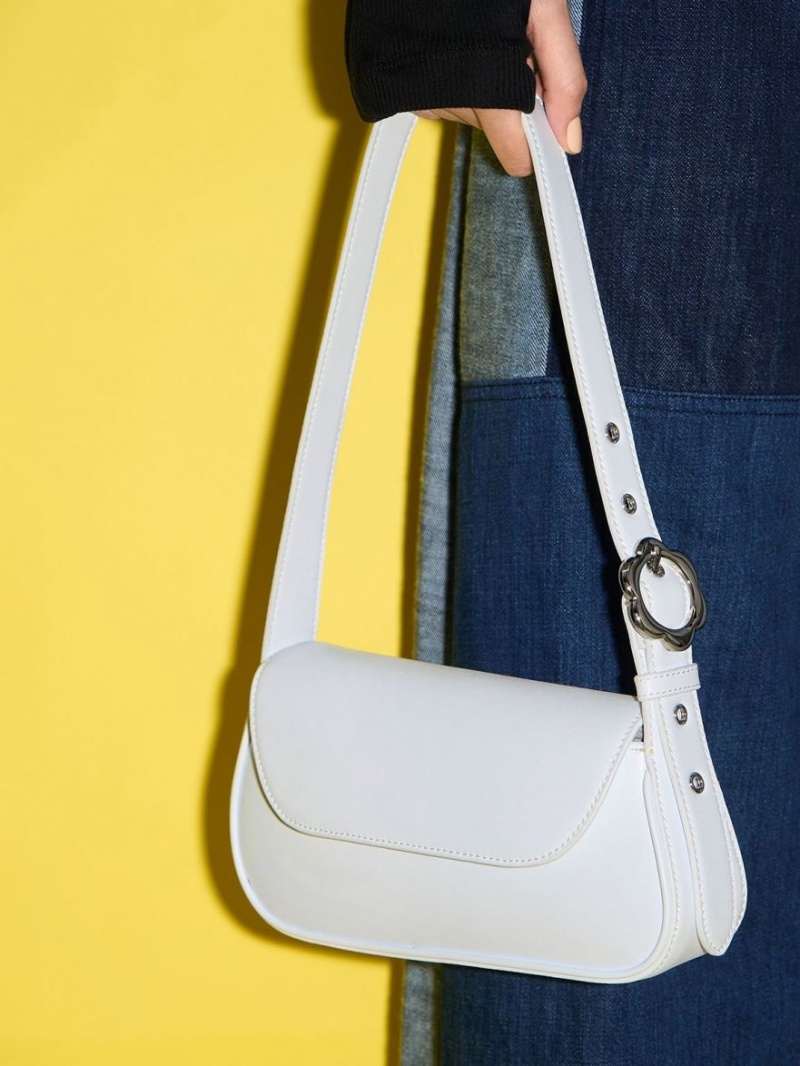 Charles And Keith Petra Asymmetrical Front Flap Tote Bags White | PHILIPPINES K790