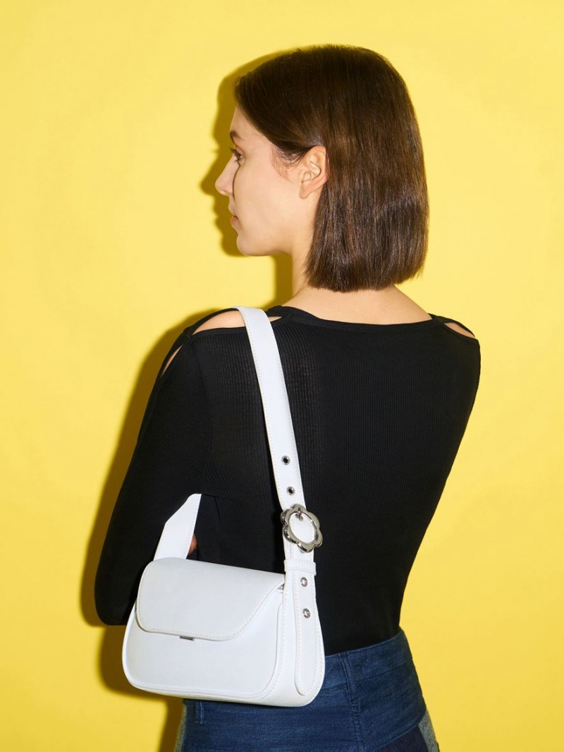 Charles And Keith Petra Asymmetrical Front Flap Tote Bags White | PHILIPPINES K790