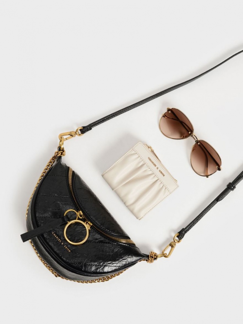 Charles And Keith Philomena Wrinkled-Effect Half-Moon Crossbody Bags Black | PHILIPPINES Y518