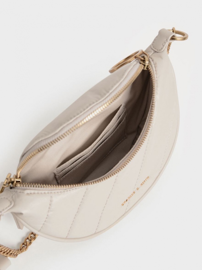 Charles And Keith Philomena Wrinkled-Effect Half-Moon Crossbody Bags White | PHILIPPINES T570