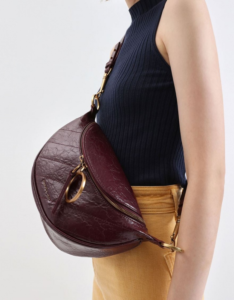 Charles And Keith Philomena Wrinkled Effect Semi-Circle Crossbody Bags Burgundy | PHILIPPINES Q827