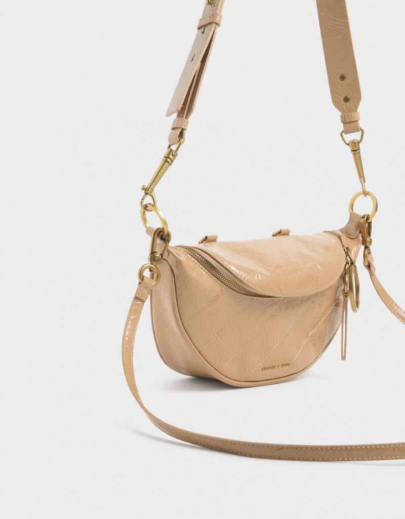 Charles And Keith Philomena Wrinkled Patent Semi-Circle Crossbody Bags Beige | PHILIPPINES R587