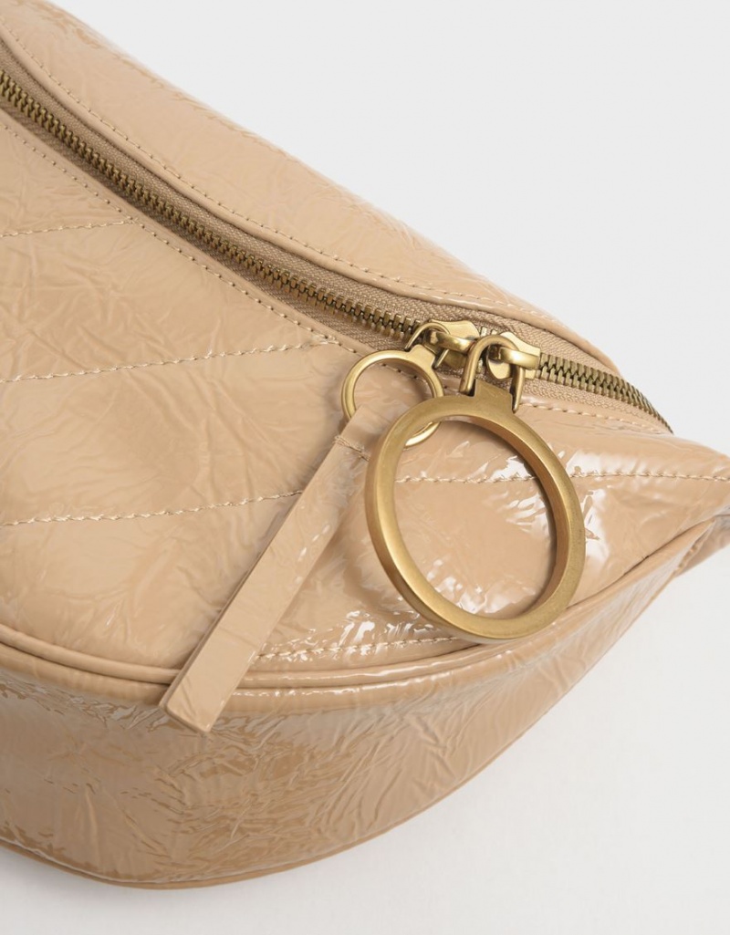 Charles And Keith Philomena Wrinkled Patent Semi-Circle Crossbody Bags Beige | PHILIPPINES R587