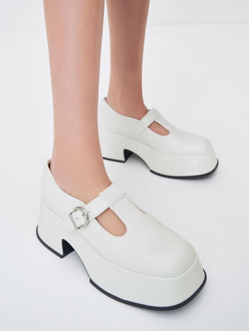 Charles And Keith Platform T-Bar Mary Jane Shoes White | PHILIPPINES K729