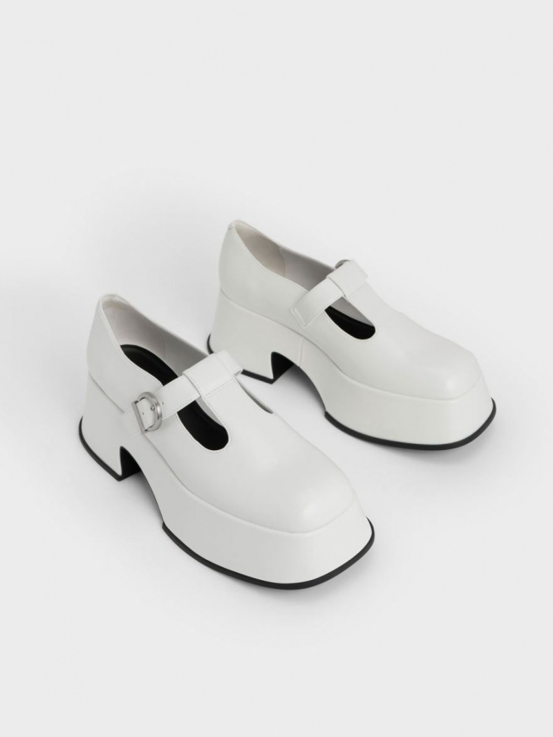 Charles And Keith Platform T-Bar Mary Jane Shoes White | PHILIPPINES K729