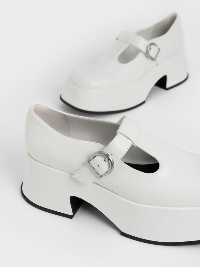 Charles And Keith Platform T-Bar Mary Jane Shoes White | PHILIPPINES K729