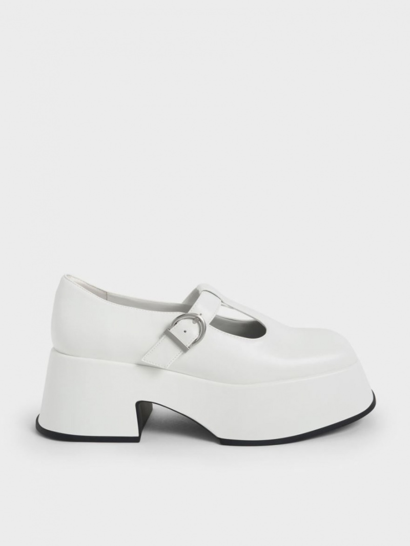 Charles And Keith Platform T-Bar Mary Jane Shoes White | PHILIPPINES K729