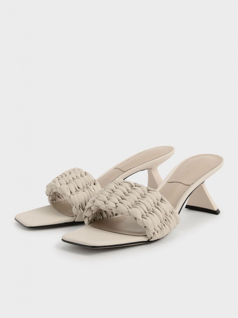 Charles And Keith Pleated Sculptural Heels Sandals Cream | PHILIPPINES I524