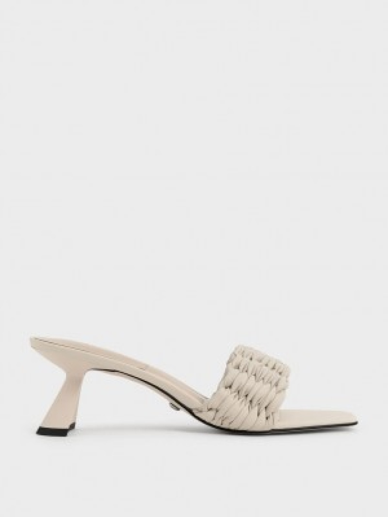 Charles And Keith Pleated Sculptural Heels Sandals Cream | PHILIPPINES I524