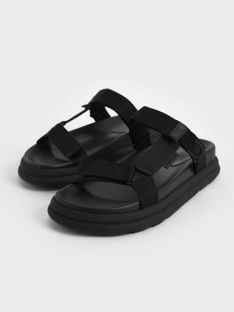 Charles And Keith Polyester Velcro Strap Sports Platform Sandals Black | PHILIPPINES D473