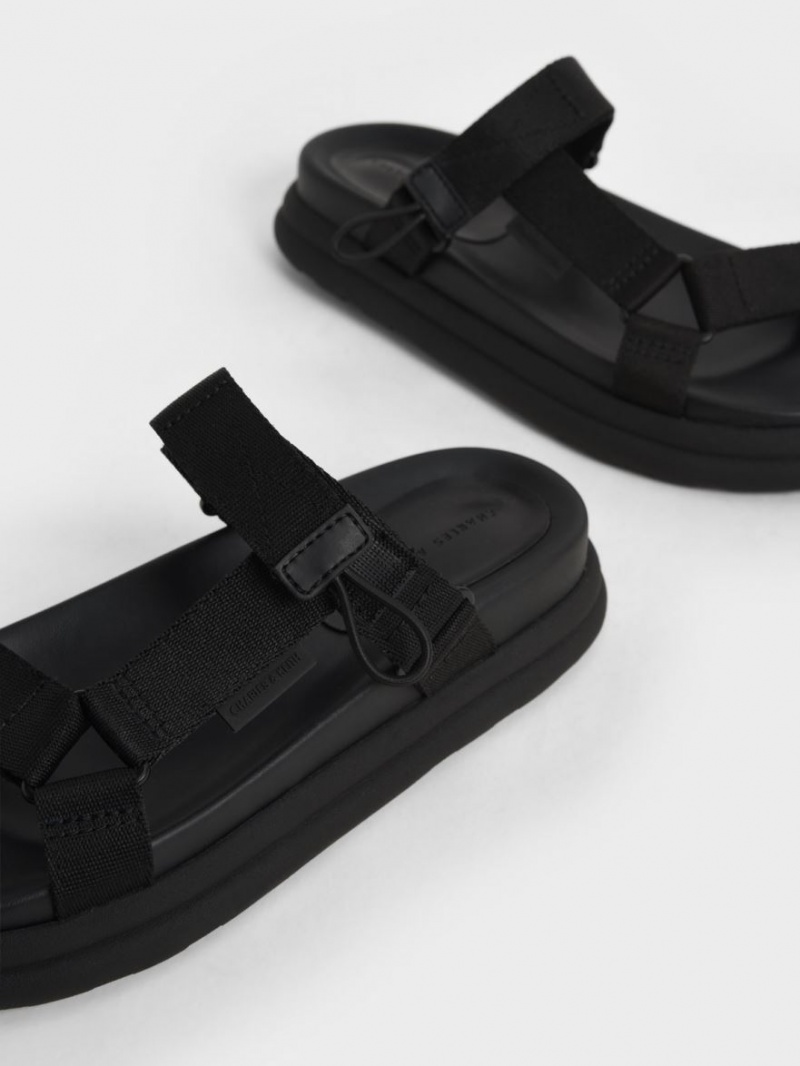 Charles And Keith Polyester Velcro Strap Sports Platform Sandals Black | PHILIPPINES D473