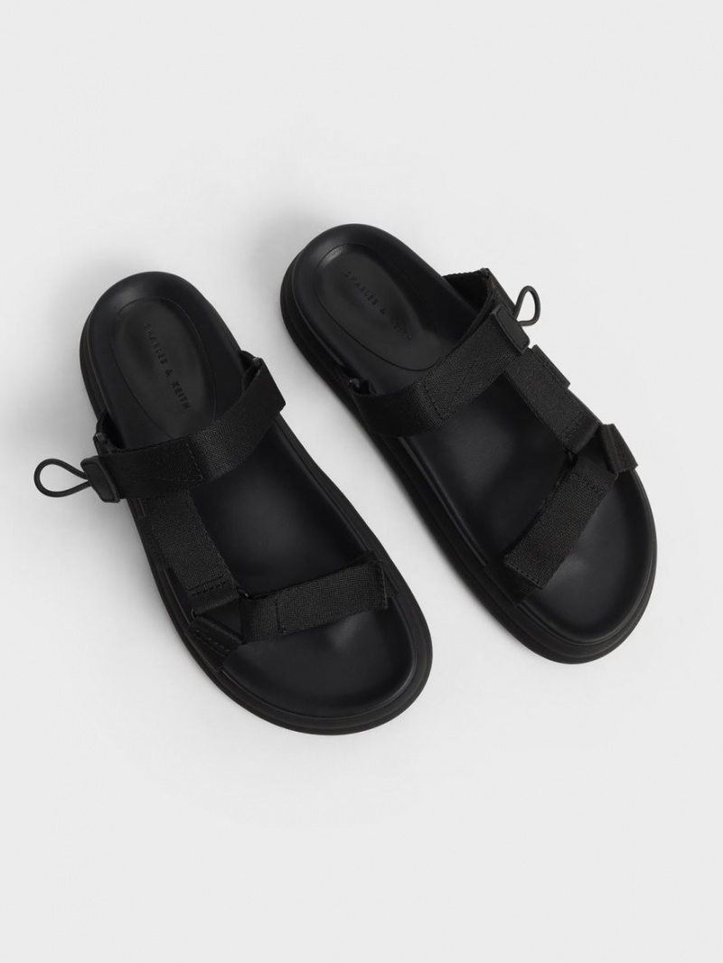 Charles And Keith Polyester Velcro Strap Sports Platform Sandals Black | PHILIPPINES D473