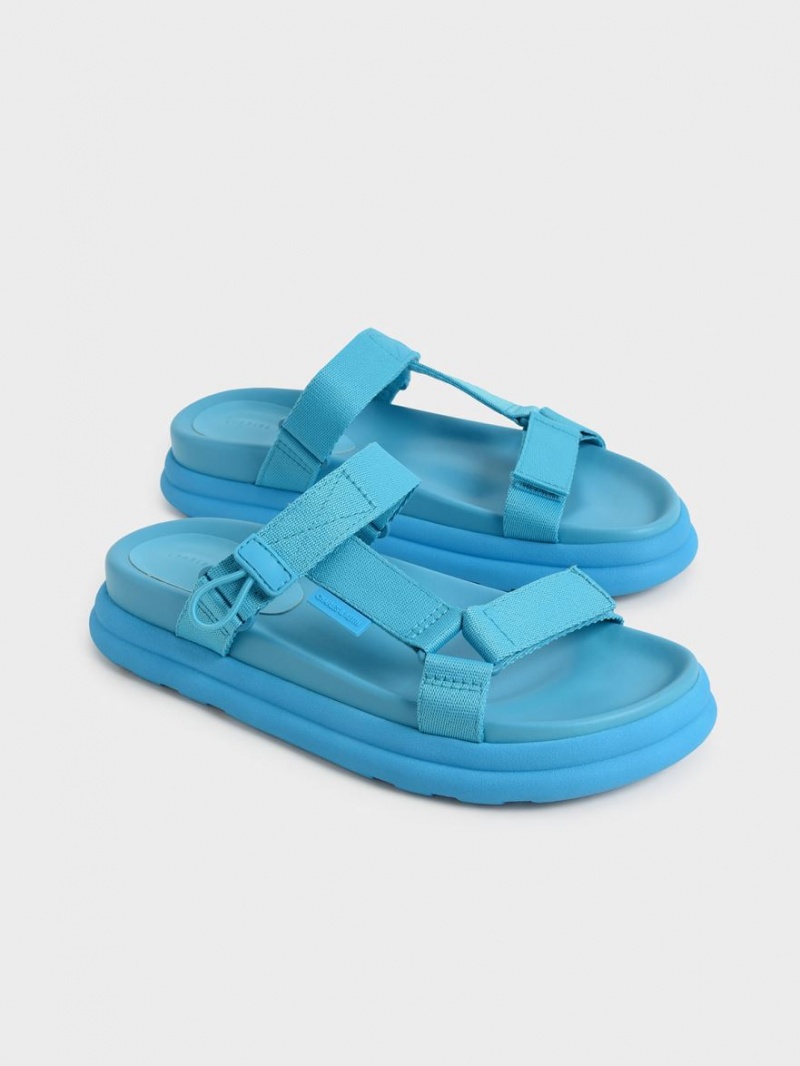 Charles And Keith Polyester Velcro Strap Sports Platform Sandals Blue | PHILIPPINES C069