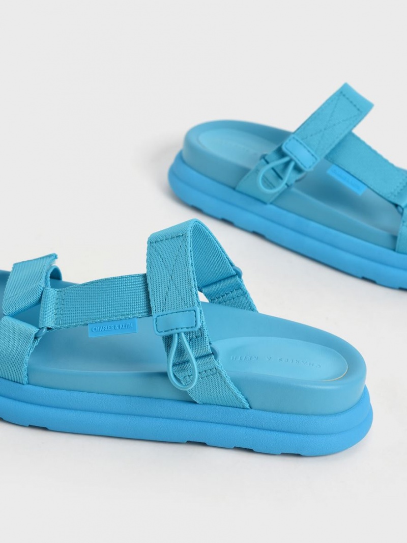 Charles And Keith Polyester Velcro Strap Sports Platform Sandals Blue | PHILIPPINES C069