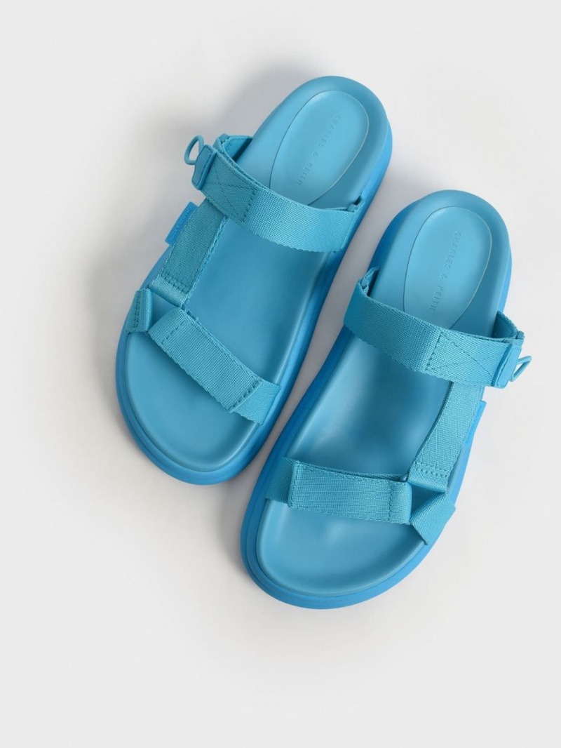 Charles And Keith Polyester Velcro Strap Sports Platform Sandals Blue | PHILIPPINES C069