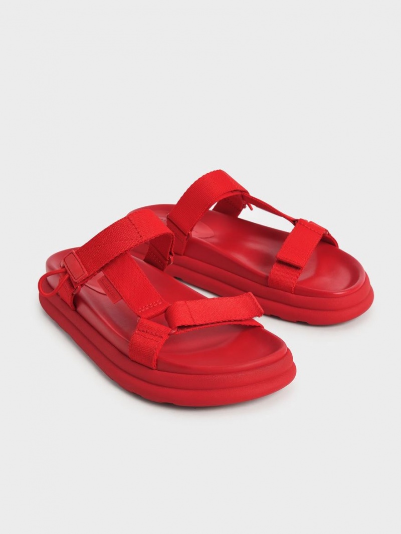 Charles And Keith Polyester Velcro Strap Sports Platform Sandals Red | PHILIPPINES B091