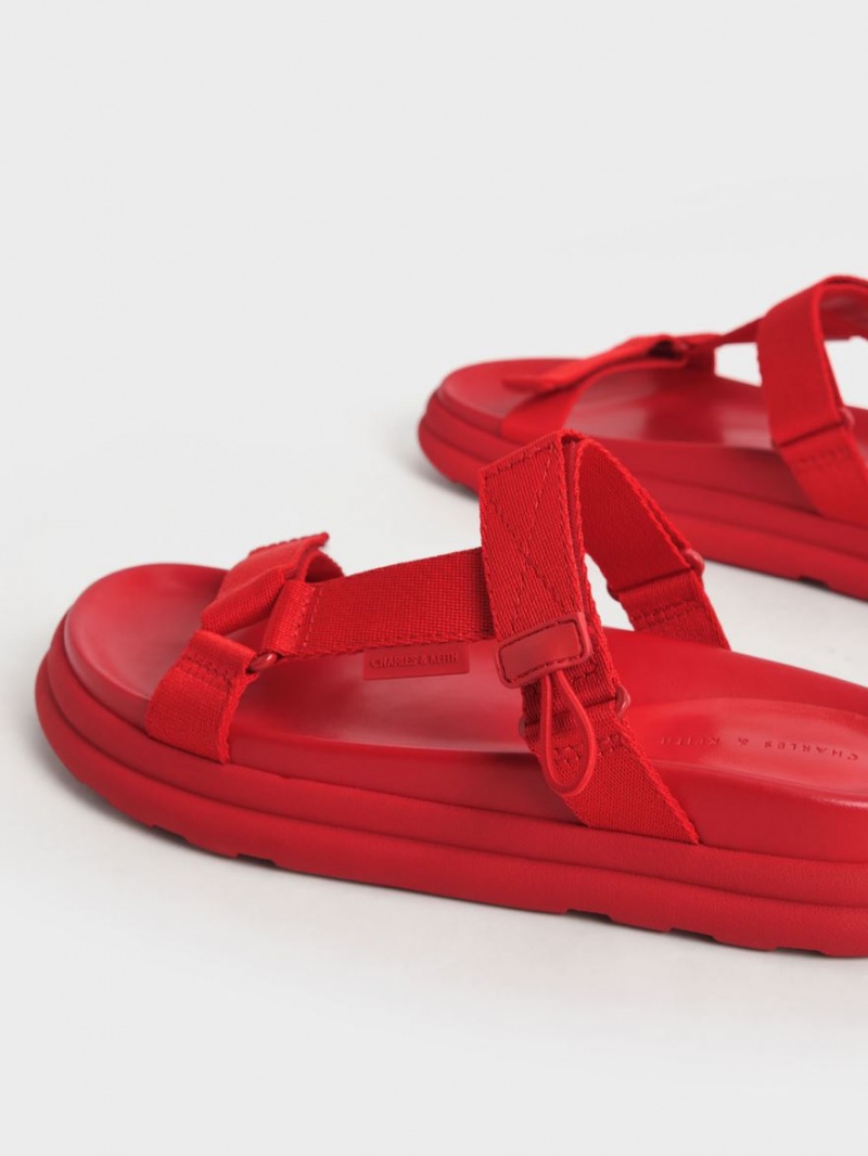 Charles And Keith Polyester Velcro Strap Sports Platform Sandals Red | PHILIPPINES B091