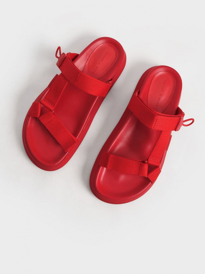 Charles And Keith Polyester Velcro Strap Sports Platform Sandals Red | PHILIPPINES B091