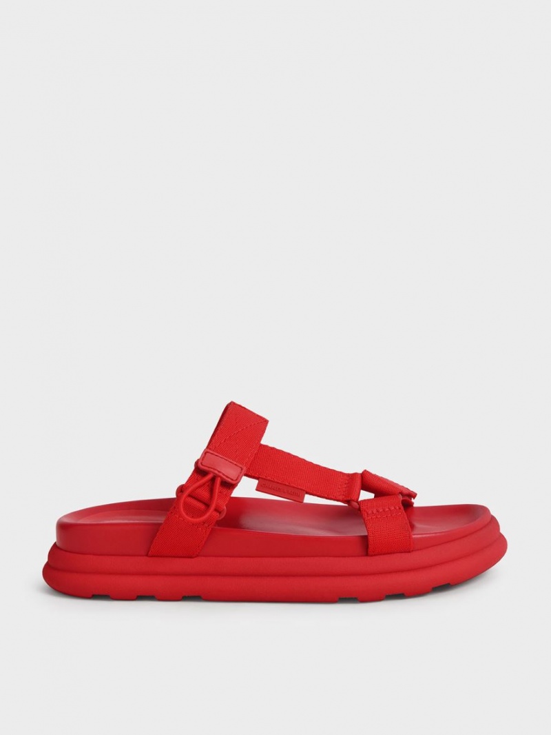 Charles And Keith Polyester Velcro Strap Sports Platform Sandals Red | PHILIPPINES B091