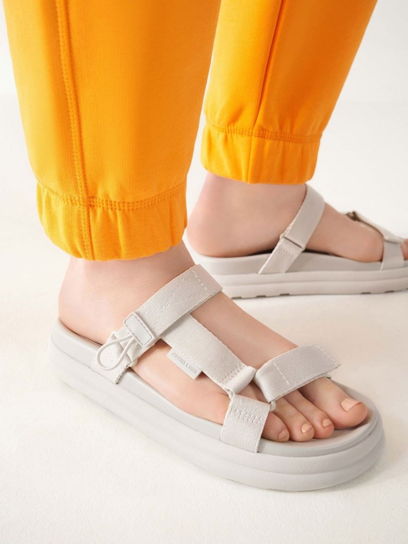 Charles And Keith Polyester Velcro Strap Sports Platform Sandals White | PHILIPPINES Z624