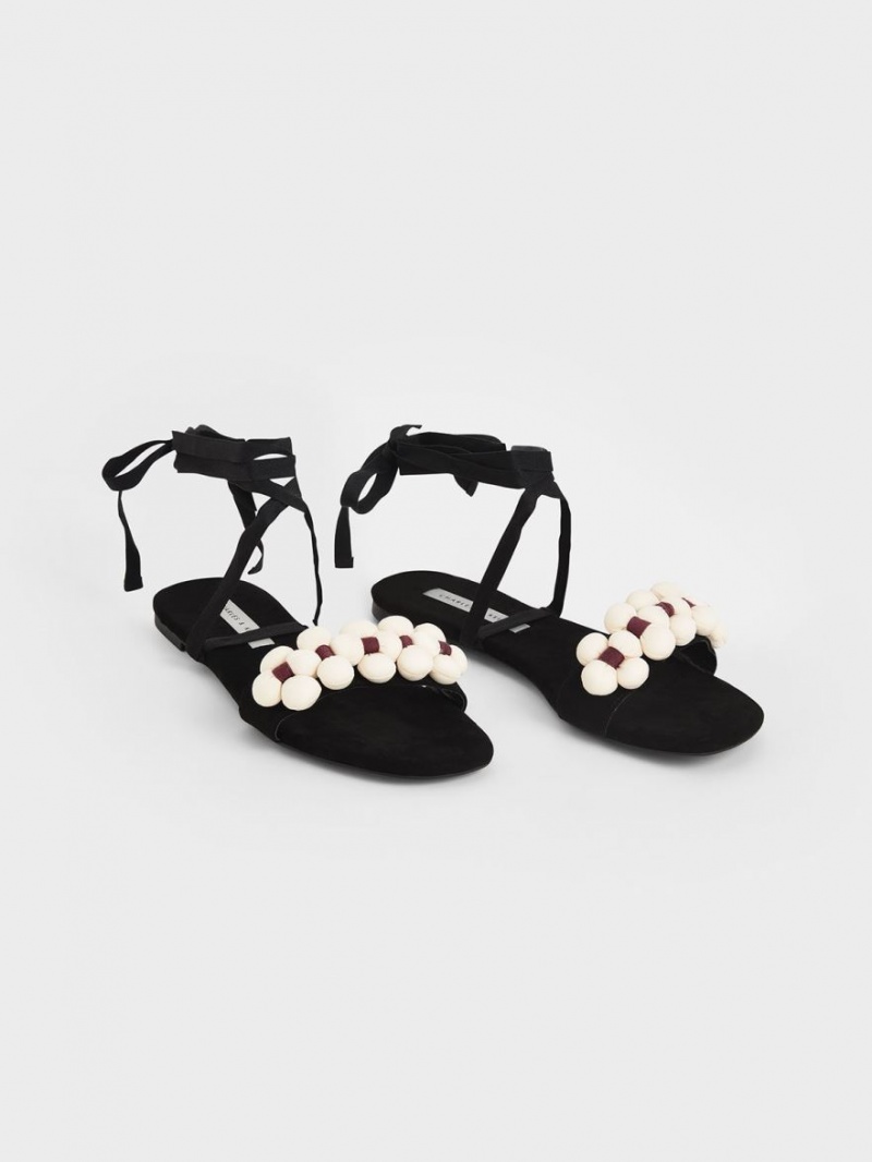 Charles And Keith Pom Pom Tie-Around Flat Sandals Black | PHILIPPINES X561