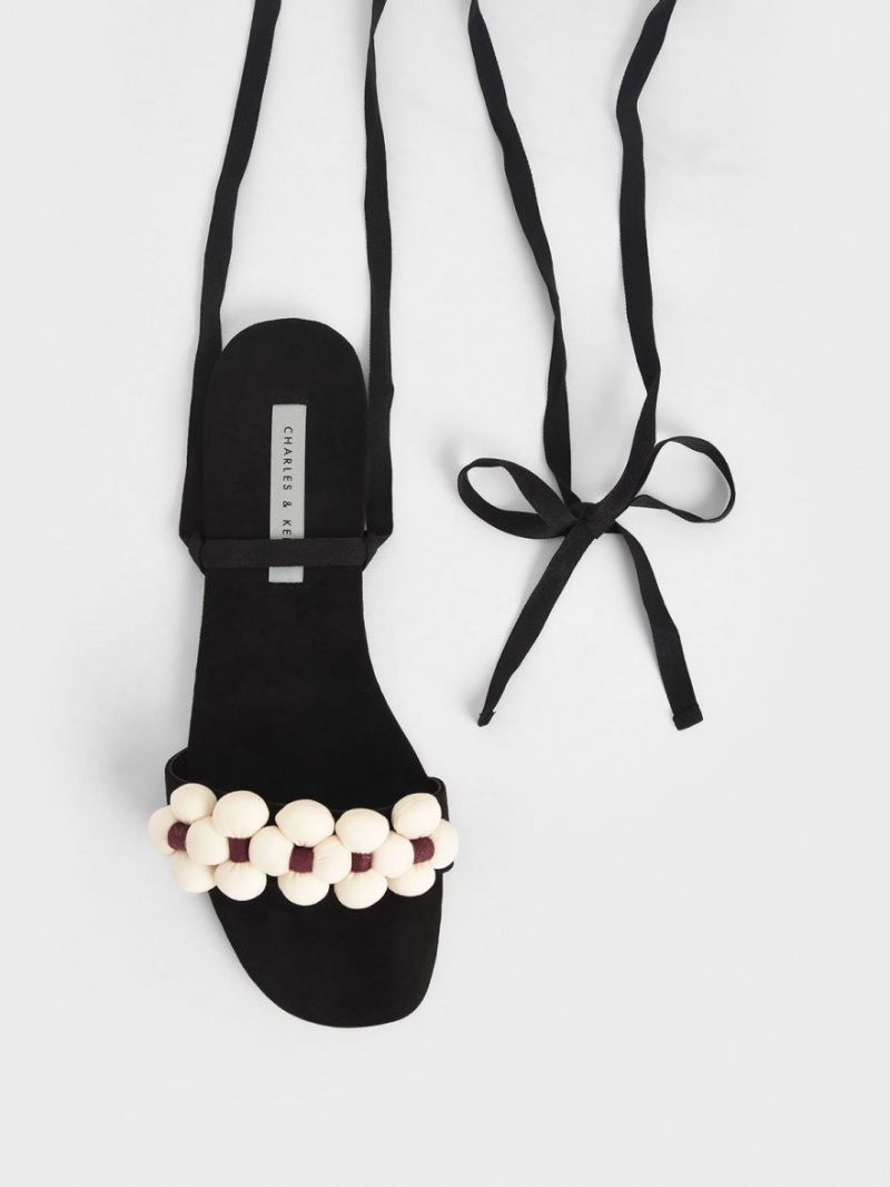 Charles And Keith Pom Pom Tie-Around Flat Sandals Black | PHILIPPINES X561