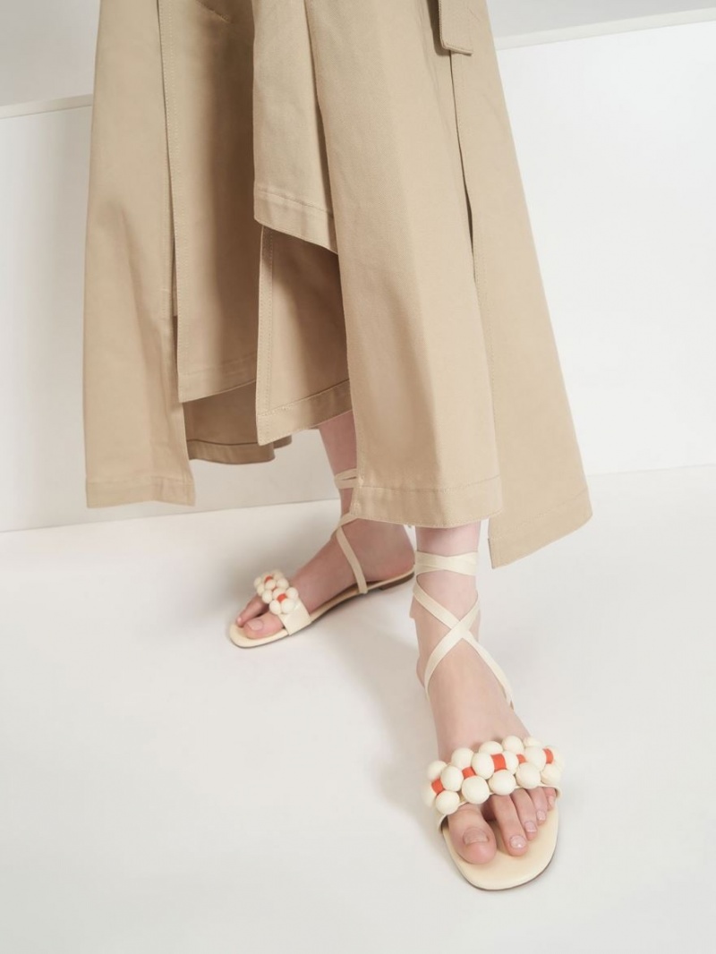 Charles And Keith Pom Pom Tie-Around Flat Sandals Cream | PHILIPPINES X514