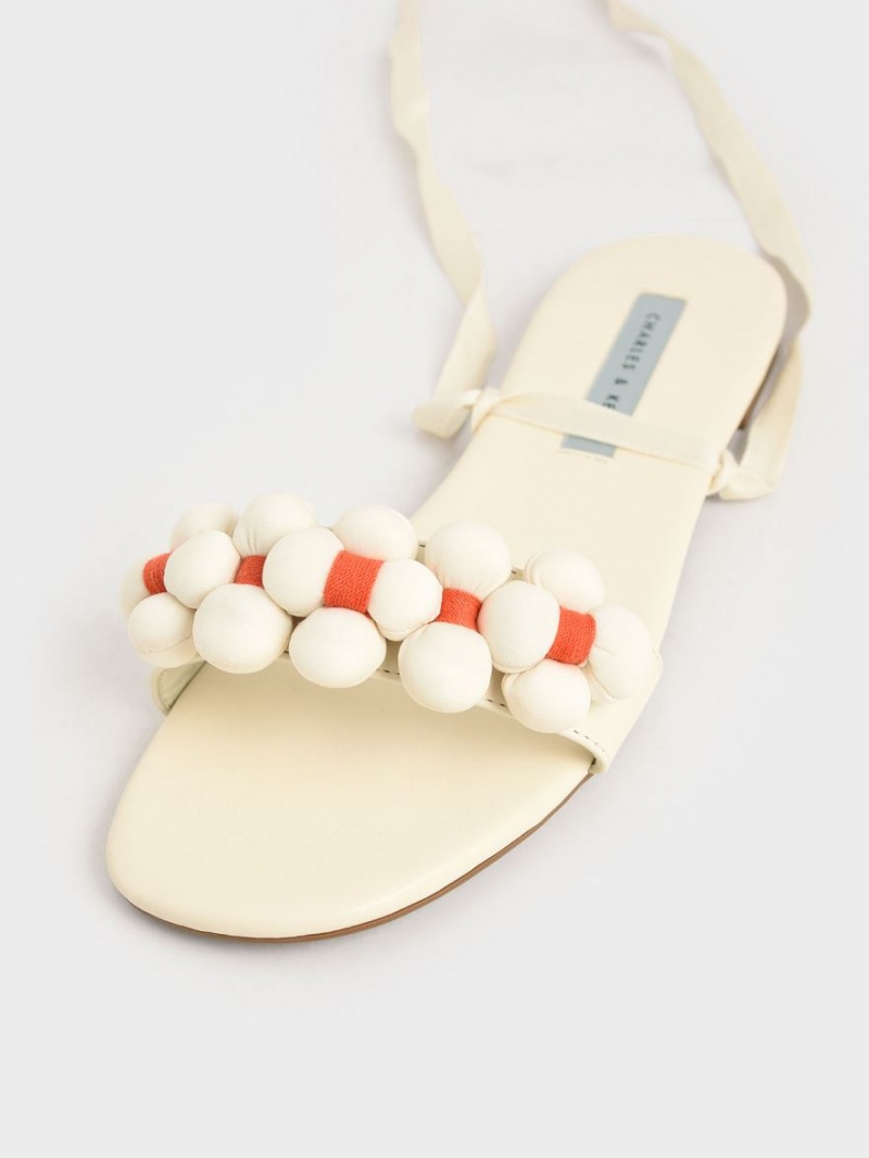 Charles And Keith Pom Pom Tie-Around Flat Sandals Cream | PHILIPPINES X514