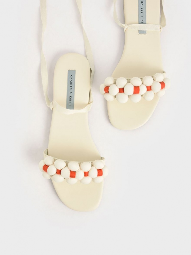 Charles And Keith Pom Pom Tie-Around Flat Sandals Cream | PHILIPPINES X514