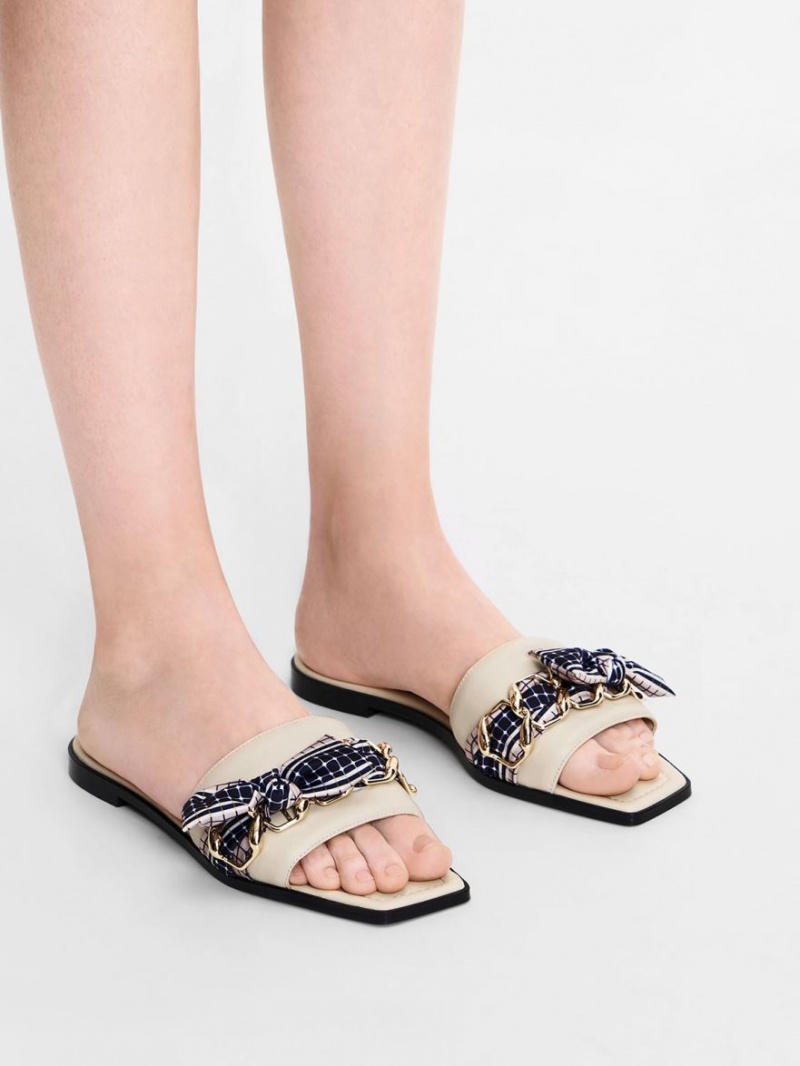 Charles And Keith Printed Fabric Scarf Leather Slide Sandals Cream | PHILIPPINES P812