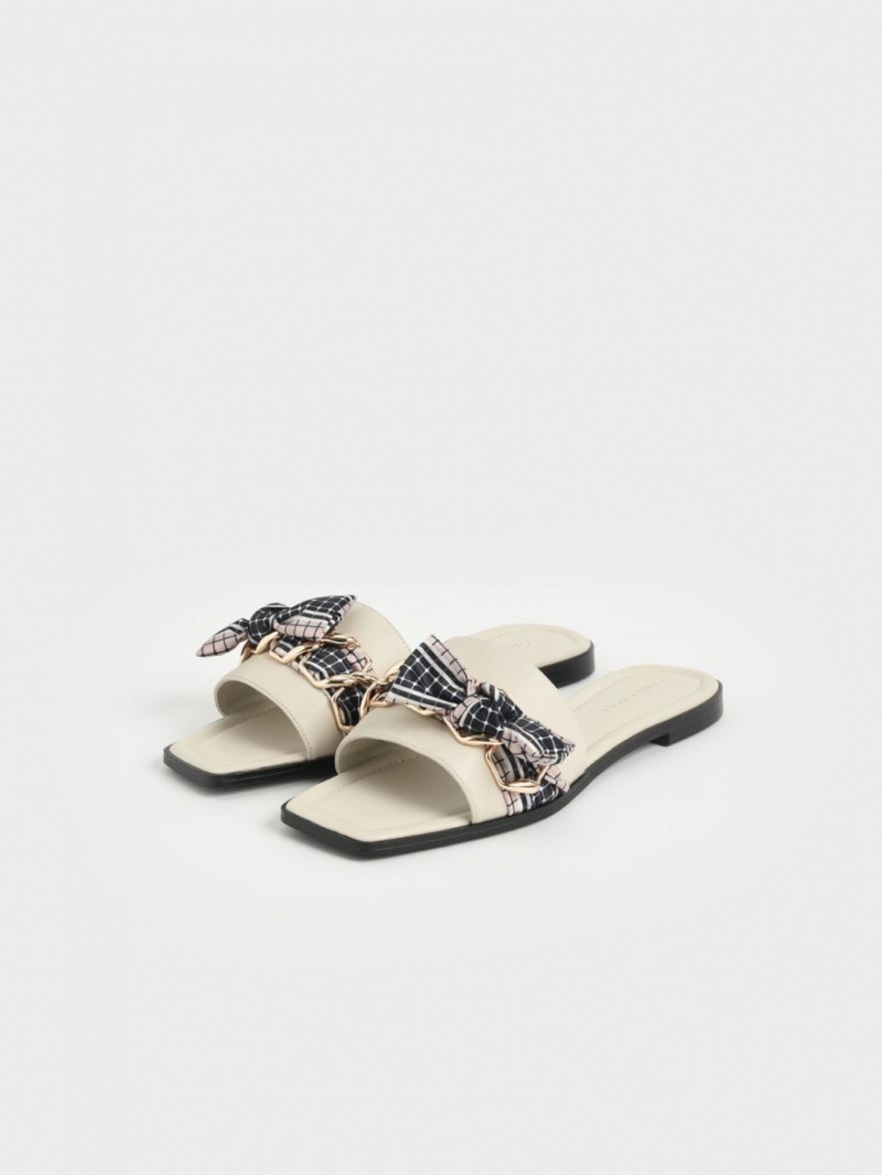 Charles And Keith Printed Fabric Scarf Leather Slide Sandals Cream | PHILIPPINES P812