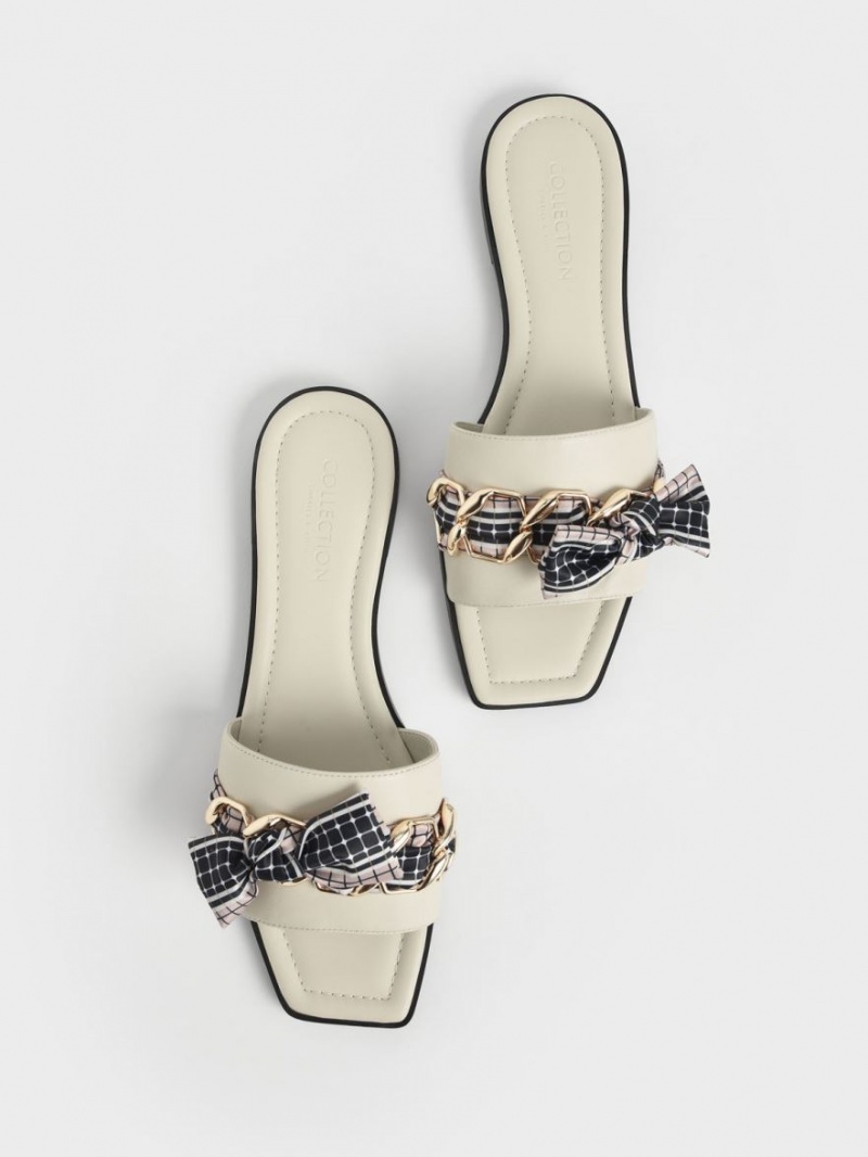 Charles And Keith Printed Fabric Scarf Leather Slide Sandals Cream | PHILIPPINES P812