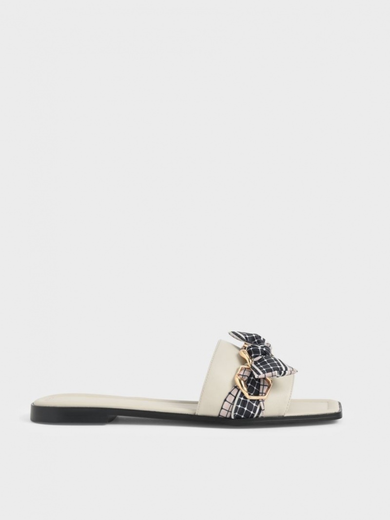 Charles And Keith Printed Fabric Scarf Leather Slide Sandals Cream | PHILIPPINES P812