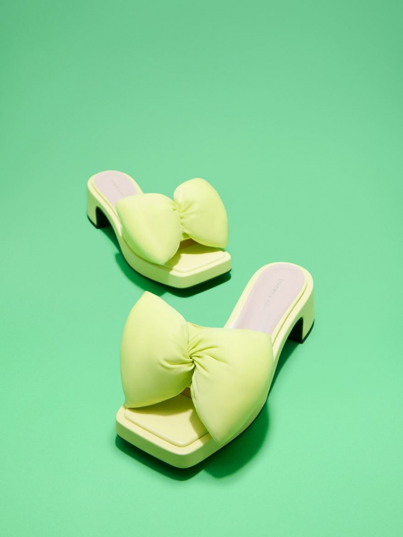 Charles And Keith Puffy Bow Heeled Mules Light Green | PHILIPPINES O412