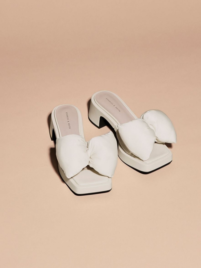 Charles And Keith Puffy Bow Heeled Mules Cream | PHILIPPINES A918