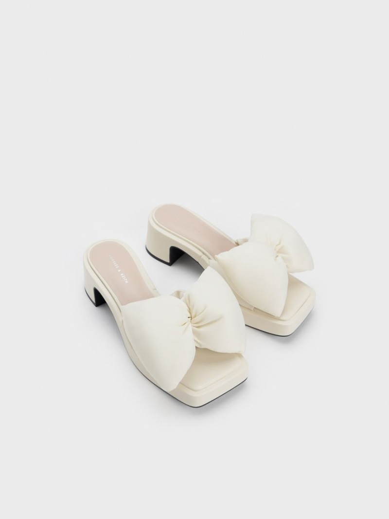 Charles And Keith Puffy Bow Heeled Mules Cream | PHILIPPINES A918