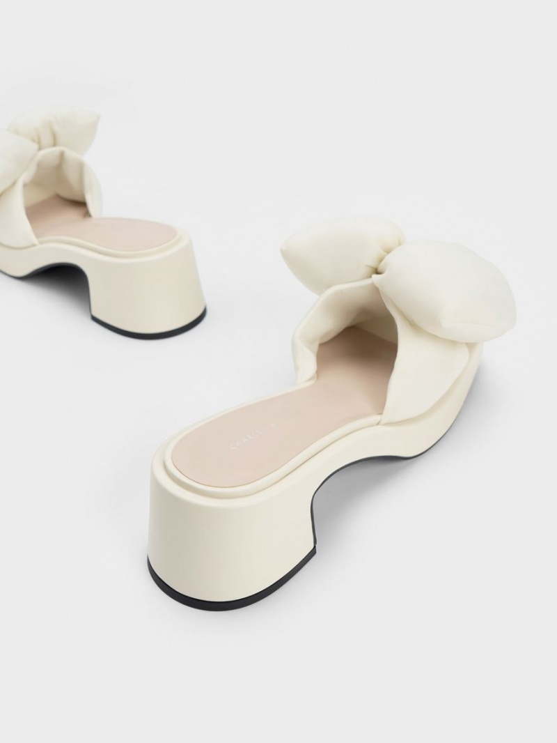 Charles And Keith Puffy Bow Heeled Mules Cream | PHILIPPINES A918