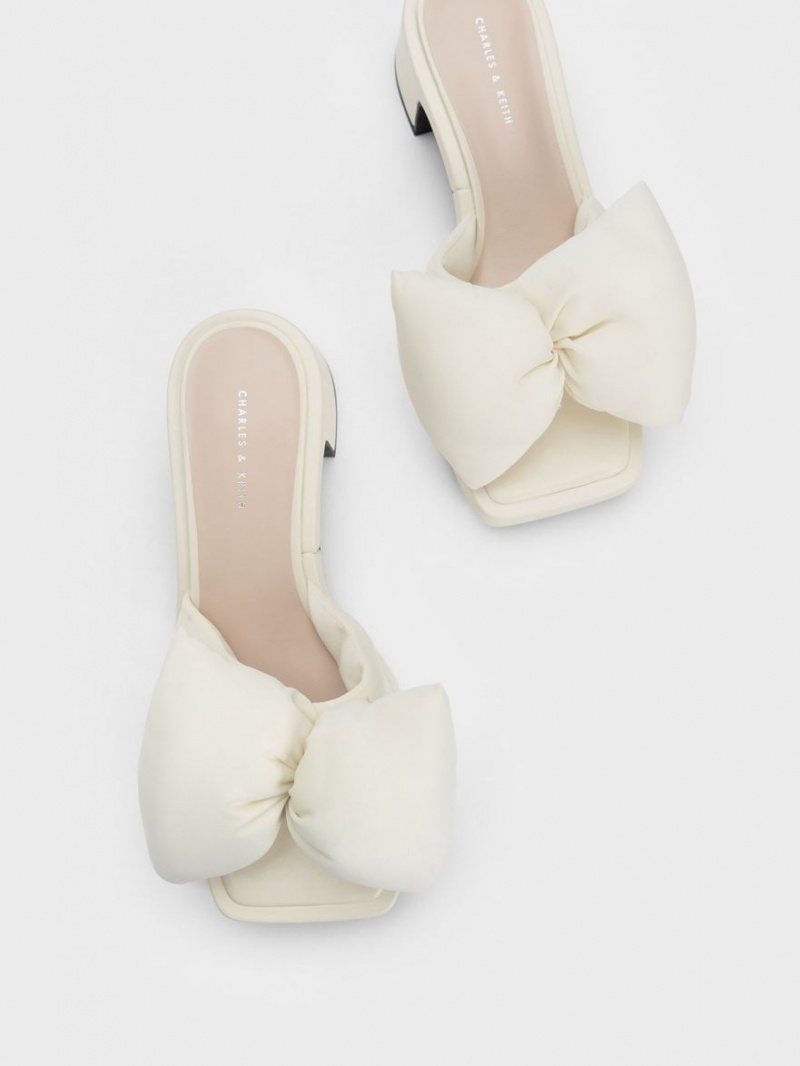 Charles And Keith Puffy Bow Heeled Mules Cream | PHILIPPINES A918