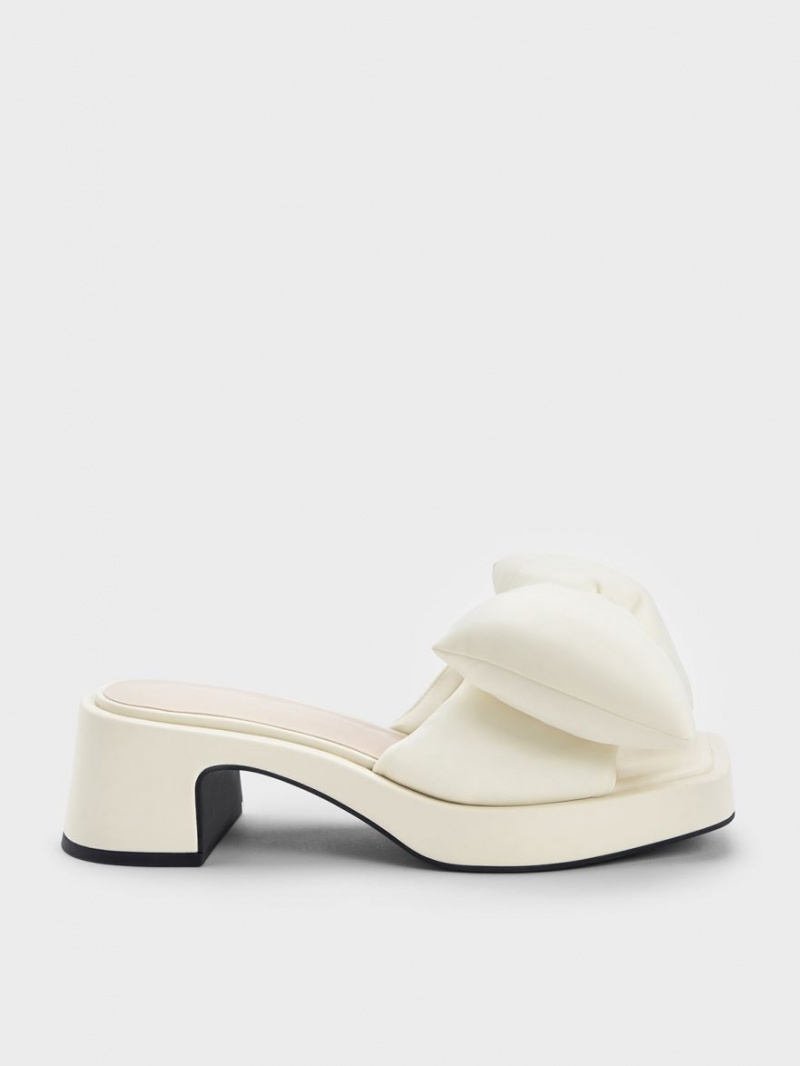 Charles And Keith Puffy Bow Heeled Mules Cream | PHILIPPINES A918