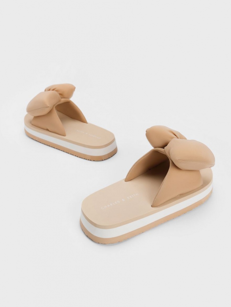 Charles And Keith Puffy Bow Slides Beige | PHILIPPINES J695