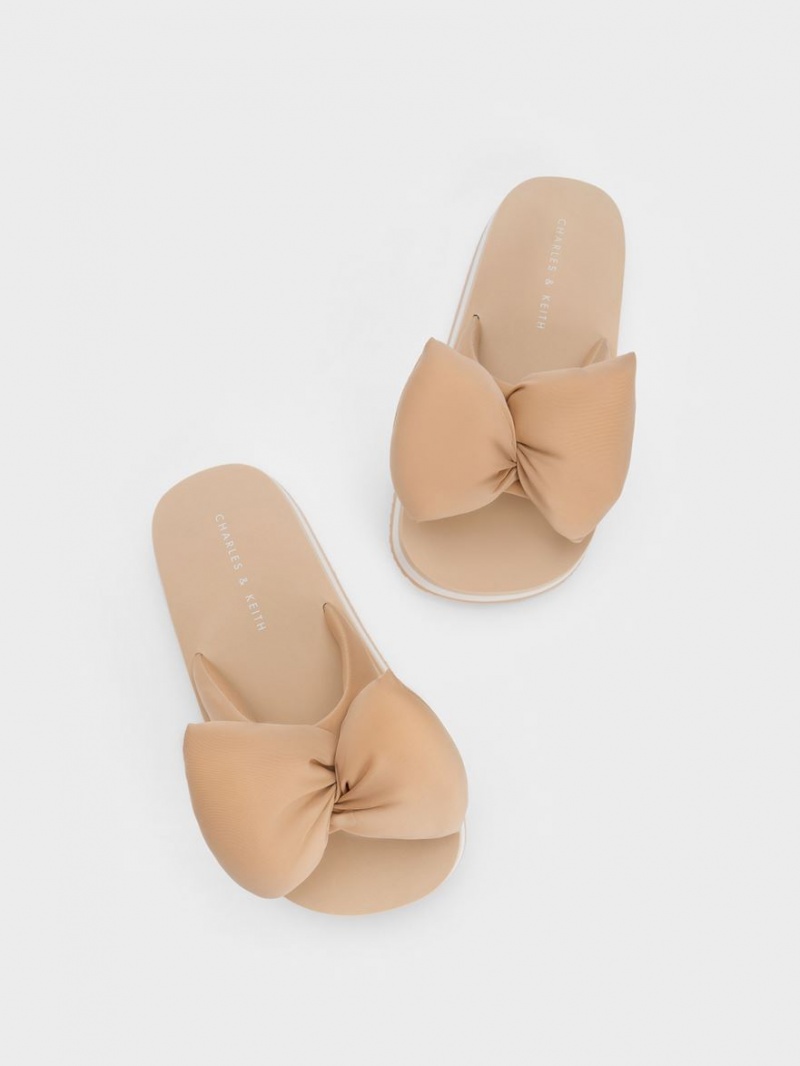 Charles And Keith Puffy Bow Slides Beige | PHILIPPINES J695